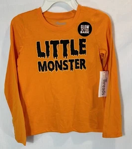 Little Monster Glow In The Dark Boys Sz. 10 Long-Sleeve T-Shirt Orange Halloween - Picture 1 of 9