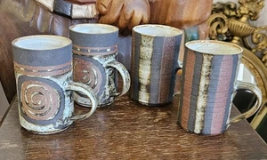 Briglin Pottery Mid Century Studio Pottery Mugs - Swirl & Stripes Pattern x 4 - Picture 1 of 5