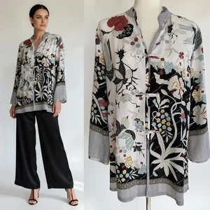 ZITRONE Santa Monica 100% Seide Top Bluse Vogel asiatisches Print M Knotenverschluss Kimono - Bild 1 von 18