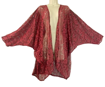 Kimono vintage años 90 borgoña encaje MARY MCFADDEN parte superior delantera abierta rosa rojo transparente Foto 1 de 4