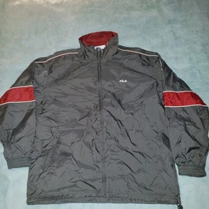 Vintage 90s Fila XL Men Nylon Full Zip Windbreaker Jacket Charcoal Dark Gray Red - Picture 1 of 7