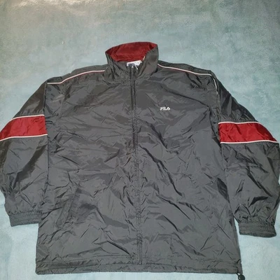 Vintage 90s Fila XL Men Nylon Full Zip Windbreaker Jacket Charcoal Dark Gray Red - Image 1 of 4