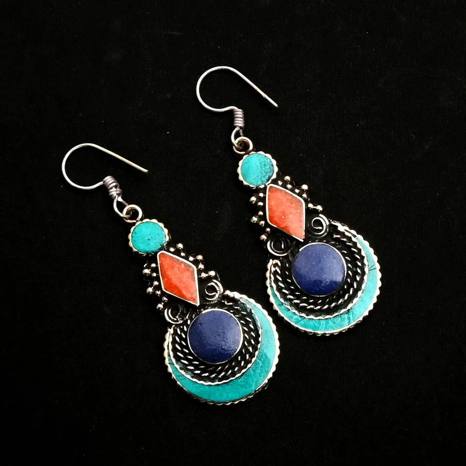 Turquoise Coral Gemstone Drop Dangle Tibetan Earrings Jewelry 2.6" AE-12594 - Image 1 of 1