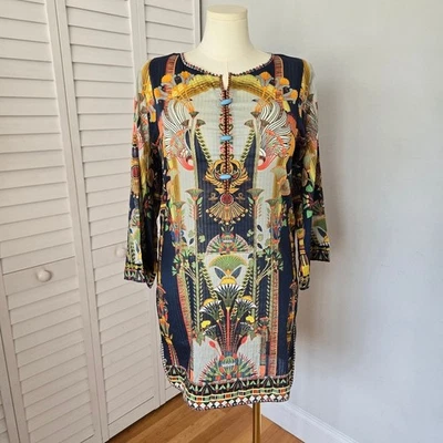 Sapphire Multi Boho Ethnic Print Cotton Kurta Tunic Top Sz S Long Sleeve Artsy - Image 1 of 4