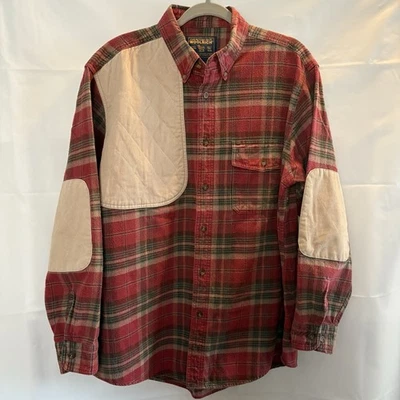 Vintage Woolrich Shooting Shirt Red Flannel Men’s Sz Large Elbow Patches Hunting - Image 1 of 4