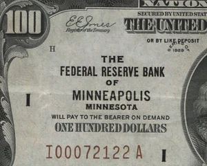 1929 100 $ nationale Währung Minneapolis niedrige Seriennummer I00072122A (ABJ) - Bild 1 von 3