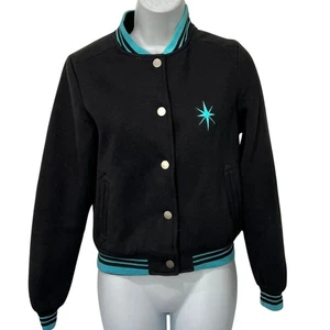 Collectif Black Blue Retro Snap Front Atomic Star Varsity Letter Jacket size XS - Bild 1 von 10