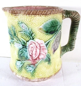 19TH C MAJOLICA 7" H PITCHER, ROSE PATTERN W/BEADED SURFACE, NO CHIPS NO CRACKS - Picture 1 of 4
