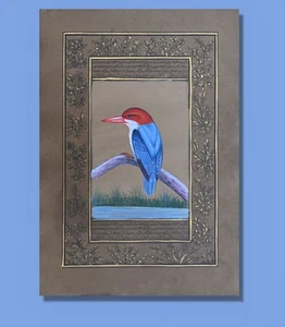 Blue Kingfishers Bird Handmade Miniature Bird Painting 8 X 5.75 in "PN12740" - Picture 1 of 3