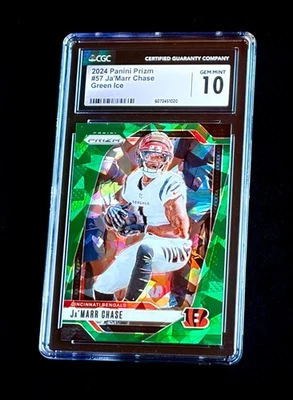 Graded (10) 2024 Panini Prizm Football - #57 Ja'Marr Chase, Bengals - Green Ice - Image 1 of 2