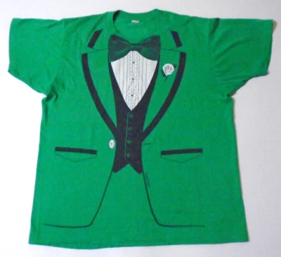 Vintage 80s Tuxedo Print T-Shirt Single Stitch THIN 50/50 Green Screen Stars - Image 1 of 4