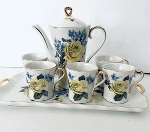 Set da tè per bambini vintage in porcellana rosa gialla, cioccolatiera 8 pezzi - Foto 1 di 10