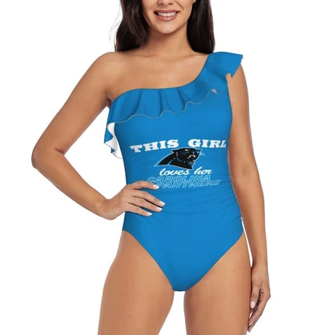 This Girl Loves Her Carolina Panthers Women's One Shoulder Ruffle Swimsuits Cover