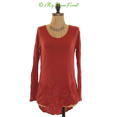 Chloe K Applique Hem Top  S Long Sleeve Linen Blend Rusty Red Casual EUC B46 - Image 1 of 3