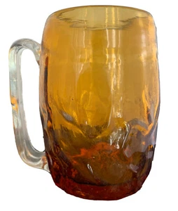 Handblown Glass Beer Mug Stein Amber Flames Applied Handle Vintage - Picture 1 of 9