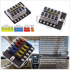 10Way 12-24V Car Boat Fuse Box Holder Block LED Indicator Blade Fuse 5/10/15/20A