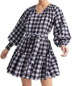 witchery blue white godet check mini dress shirred cuffs removable belt size 12 - Picture 1 of 19