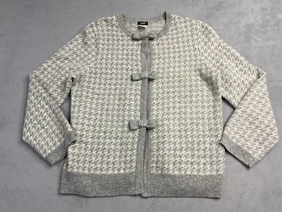 J Crew Sweater Women Medium Gray Beige Cardigan Herringbone Bows Cashmere Wool - Image 1 of 4