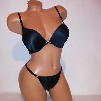Victoria Secret Bra Set 32D Bombshell Push Up Small Panty Black Thong Solid New - Image 1 of 4