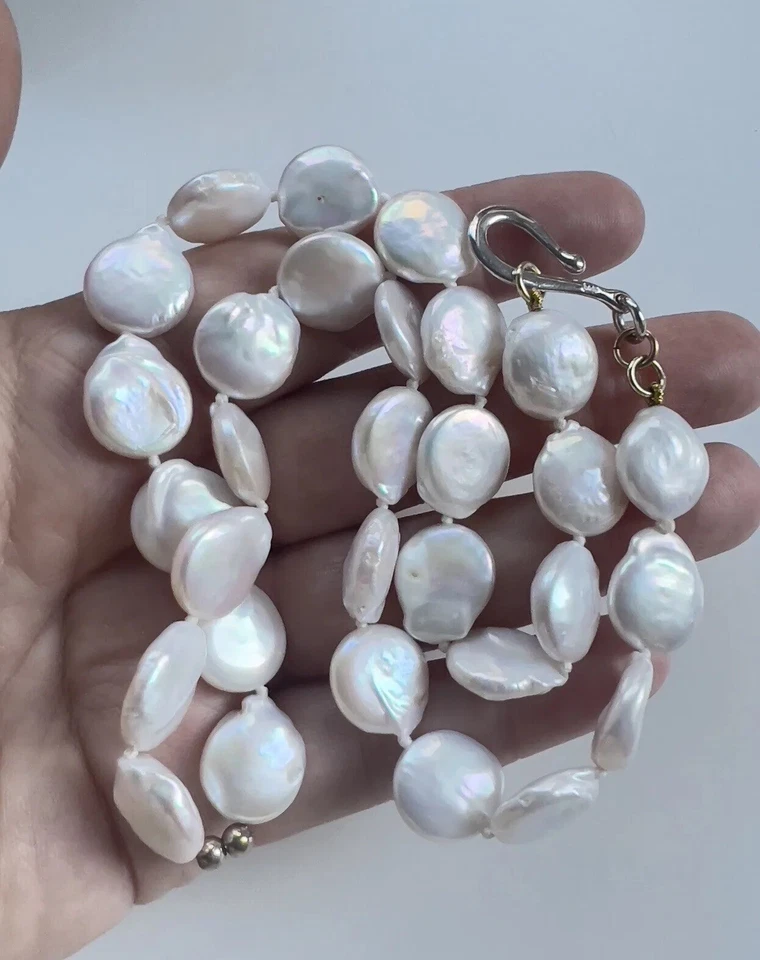 Collar de perlas moneda iridiscente redondo plano plata esterlina 19,5" vintage Estate Foto 1 de 4