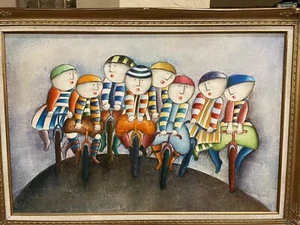 ORIGINAL Joyce Roybal Oil Painting 35x23 SIGNED Cyclist Vintage Puffy People IA - Picture 1 of 12