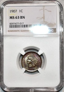 NGC MS-63 BN 1907 Indian Head Cent, Attractively Toned, PQ specimen. - Picture 1 of 2