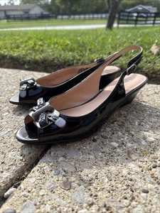 Women’s Etienne Aigner Black Bow Peep Toe Slingback Wedge Heels Size 7 Career - Picture 1 of 9