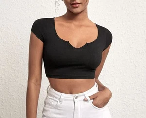 Women's T-Shirt Cotton Notched Neck Crop Tee Women's T-Shirt size 1XL - Picture 1 of 4