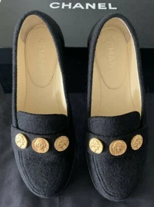 CHANEL Black Tweed Gold Coin Charm Interlocking CC Loafers Size 36 1/2 - Picture 1 of 10