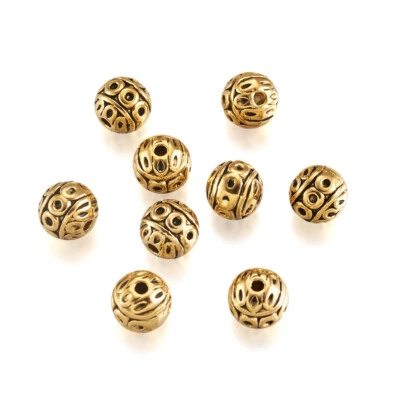 100Pcs Antique Golden Nickel Free Textured Round Tibetan Zinc Alloy Beads 8mm - Image 1 of 4