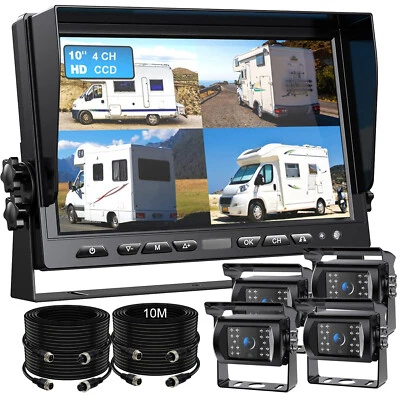 10.1" Quad Monitor 4ch 4PIN Video In+4x CCD Color Rear View Camera 4x 10m Truck - Image 1 of 4