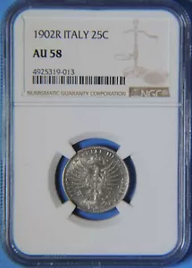1902 R Italy 25 Centesimi Coin Tough Better Date NGC Graded AU58 - Picture 1 of 4