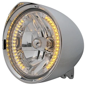 Motorcycle Chrome "Chopper" Headlight w/ Razor Visor H4 Bulb w/ 34 Amber LED - Picture 1 of 11