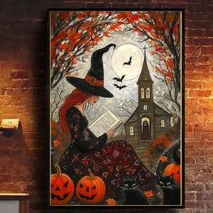 Strega di Mezzanotte - Poster Halloween Wall Art con Gatti e Zucche - Foto 1 di 4