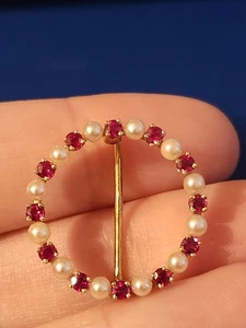Brosche/Anstecknadel 14 Karat Gelbgold Perle und Rubin 3,4 g - Bild 1 von 5