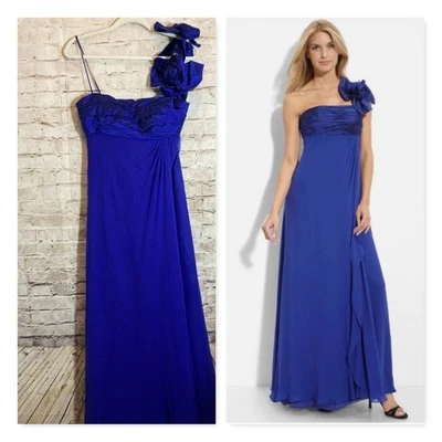 JS Collections Silk Chiffon Gown 6 Cobalt Blue Flower Textured One Shoulder Long - Image 1 of 4