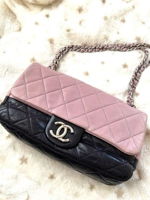Auténtico bolso de hombro Chanel Matelasse bicolor piel de cordero CC rosa/ciruela doble cadena Foto 1 de 4