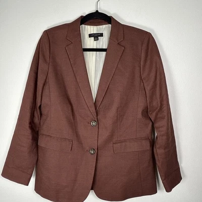 Ann Taylor Petite The Greenwich Blazer 尺寸 8P 亚麻混纺棕色纽扣闭合 — 第 1/4 张图片