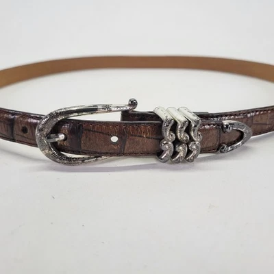 Brighton Leather Belt 32 Alligator Croc Print Skinny Brown Vtg Distressed B1043T - Image 1 of 4