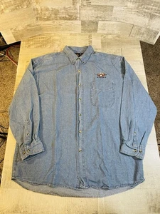 Camicia Alaska vintage blu denim uomo XL cotone con bottoni ricamato petto orsetto - Foto 1 di 7