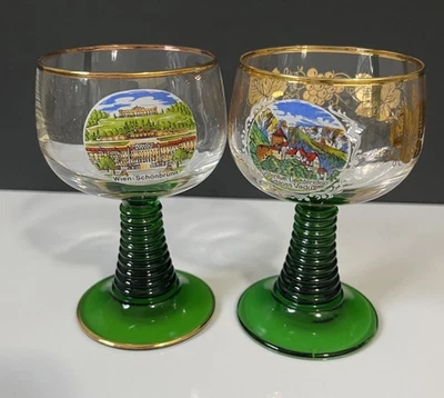 Juego de 2 copas de vino vintage con base verde colmena borde dorado alemán Foto 1 de 4