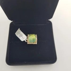 14CT YELOW GOLD HALO RING 7.0GMS NATURAL GREEN TOURMALINE X 1 DIAMONDS X 26 0.02 - Picture 1 of 2