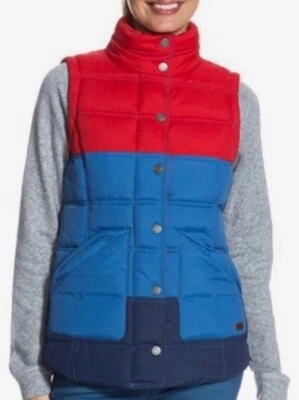 Vintage Roxy Puffer Warm Women’s Blue Red Colorful Vest Snap Buttons Lined - Image 1 of 4