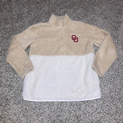 Oklahoma Sooners Womens 1/4 Snap Button Sherpa Sweatshirt Size Small Beige White - Image 1 of 4