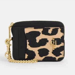 Astuccio porta carte Coach zip con stampa leopardata oro/leopardo multi catena nuovo con etichette CW884 - Foto 1 di 3