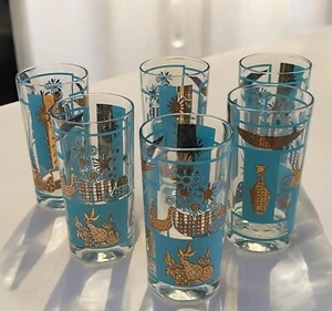 Vtg MCM Highball Water Glasses Tumblers Aqua Gold Pineapple Floral Retro 6 Pc - Picture 1 of 17