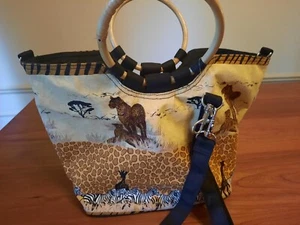 Sun And Sand Canvas Bag Wood Handles And Long Strap African Animals - Picture 1 of 7