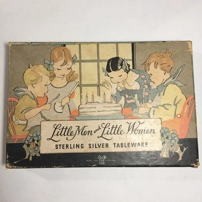 LUNT STERLING SILVER “LITTLE MEN & LITTLE WOMEN” BABY FORK & SPOON ORIGINAL BOX - Image 1 of 4