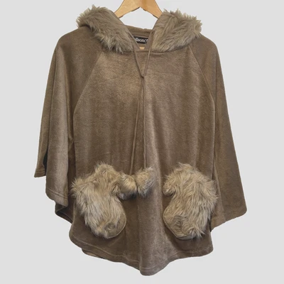 Allsorts Coral Flannel Poncho Jacket Women One Size Brown Hooded With Bear Ears - Image 1 of 4