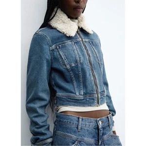 NWT Mango Mng Gio Sherpa Shearling Collar Zip Up Biker Moto Denim Jacket Blue XL - Picture 1 of 10